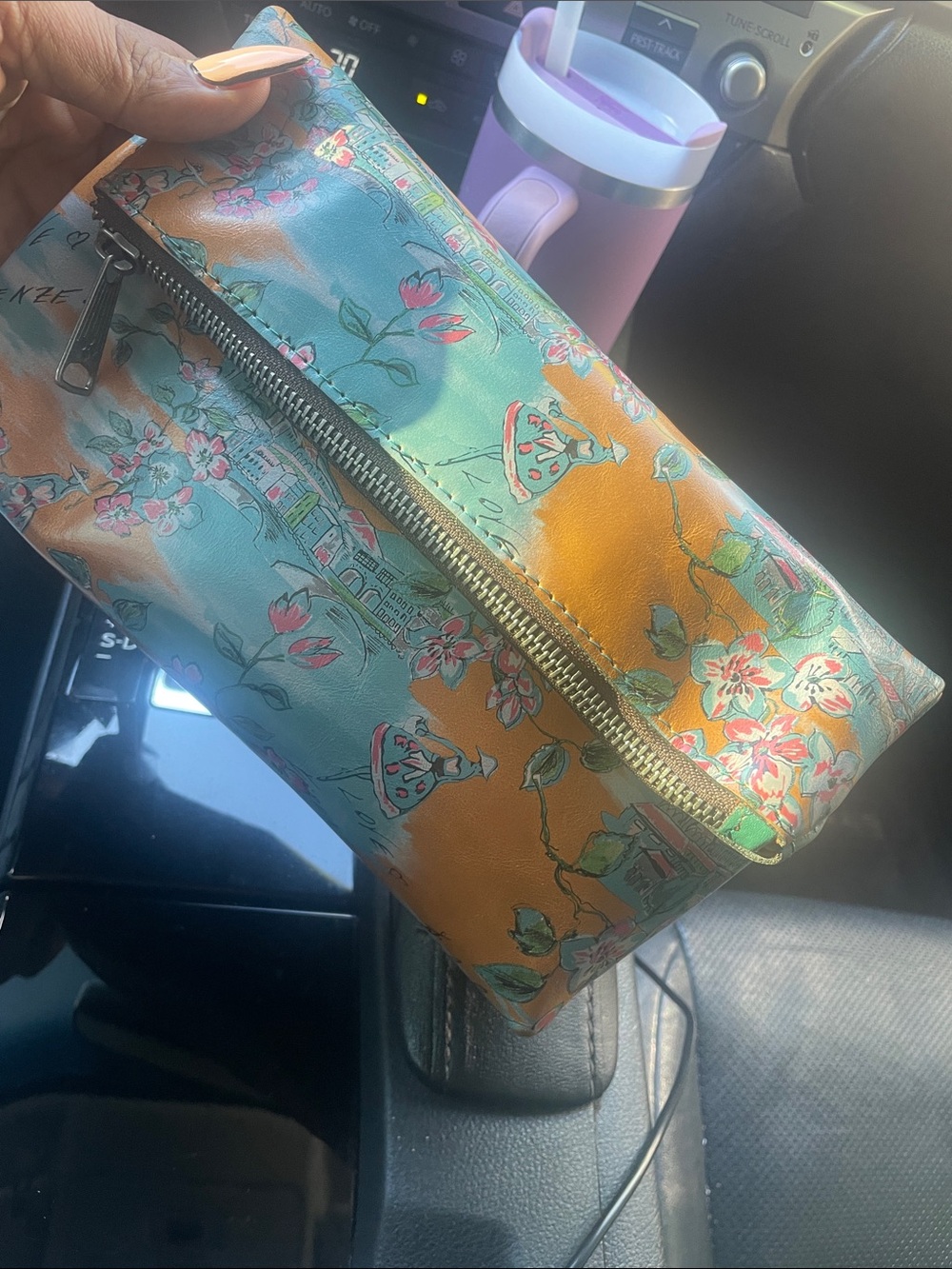 Patricia Nash Floral Zip Cosmetic Pouch in Turquoise & Orange